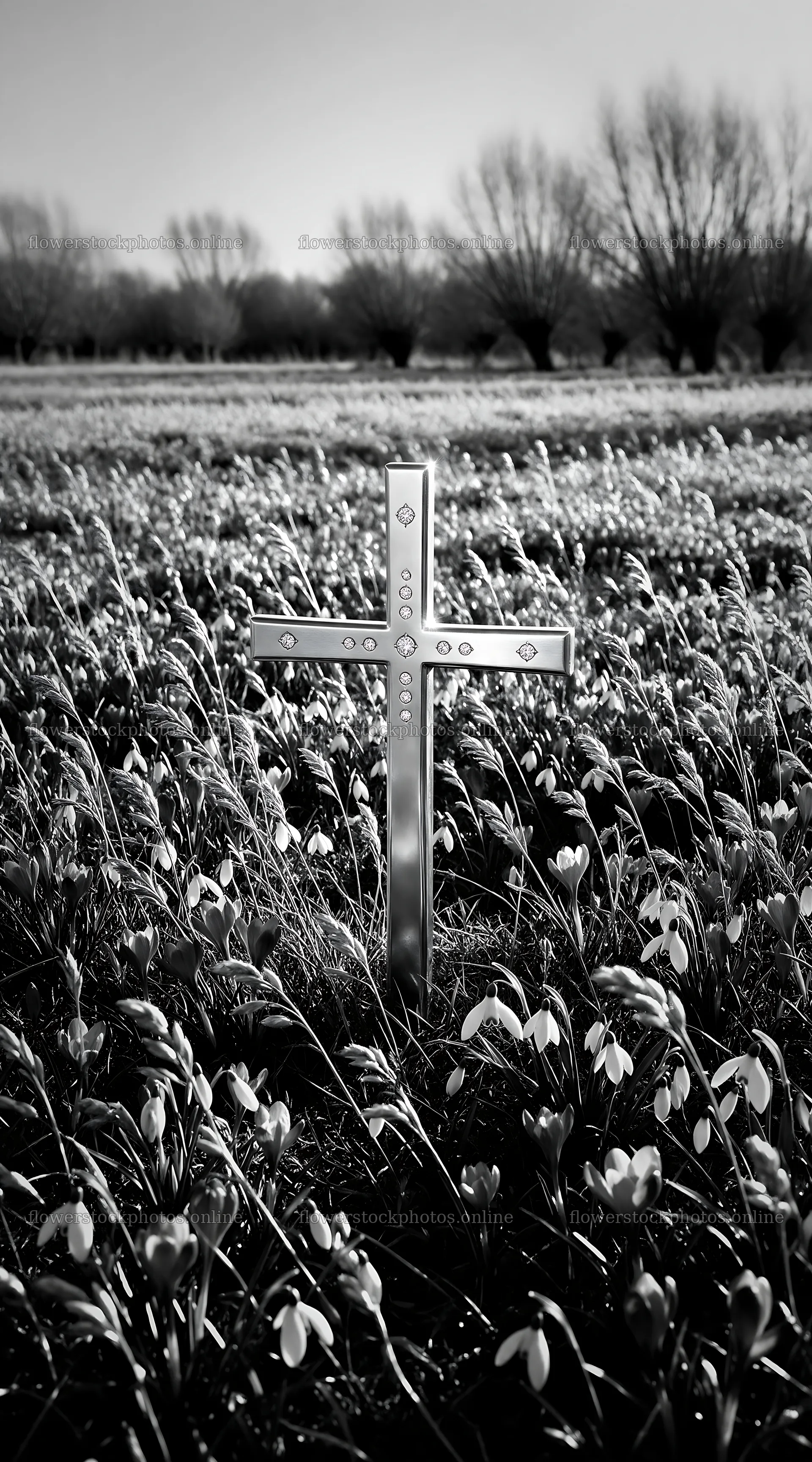 Christian cross in winter meadow with low sunlight – flower stock photos 5916x10648