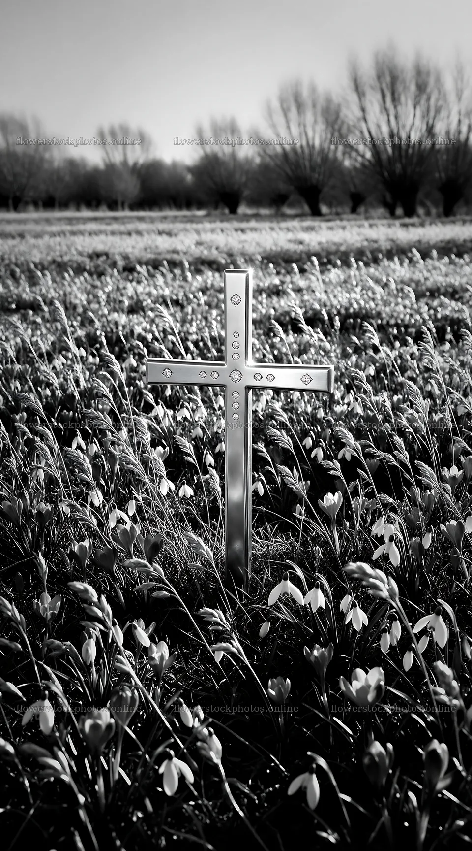 Christian cross in winter meadow with low sunlight – flower stock photos 5916x10648