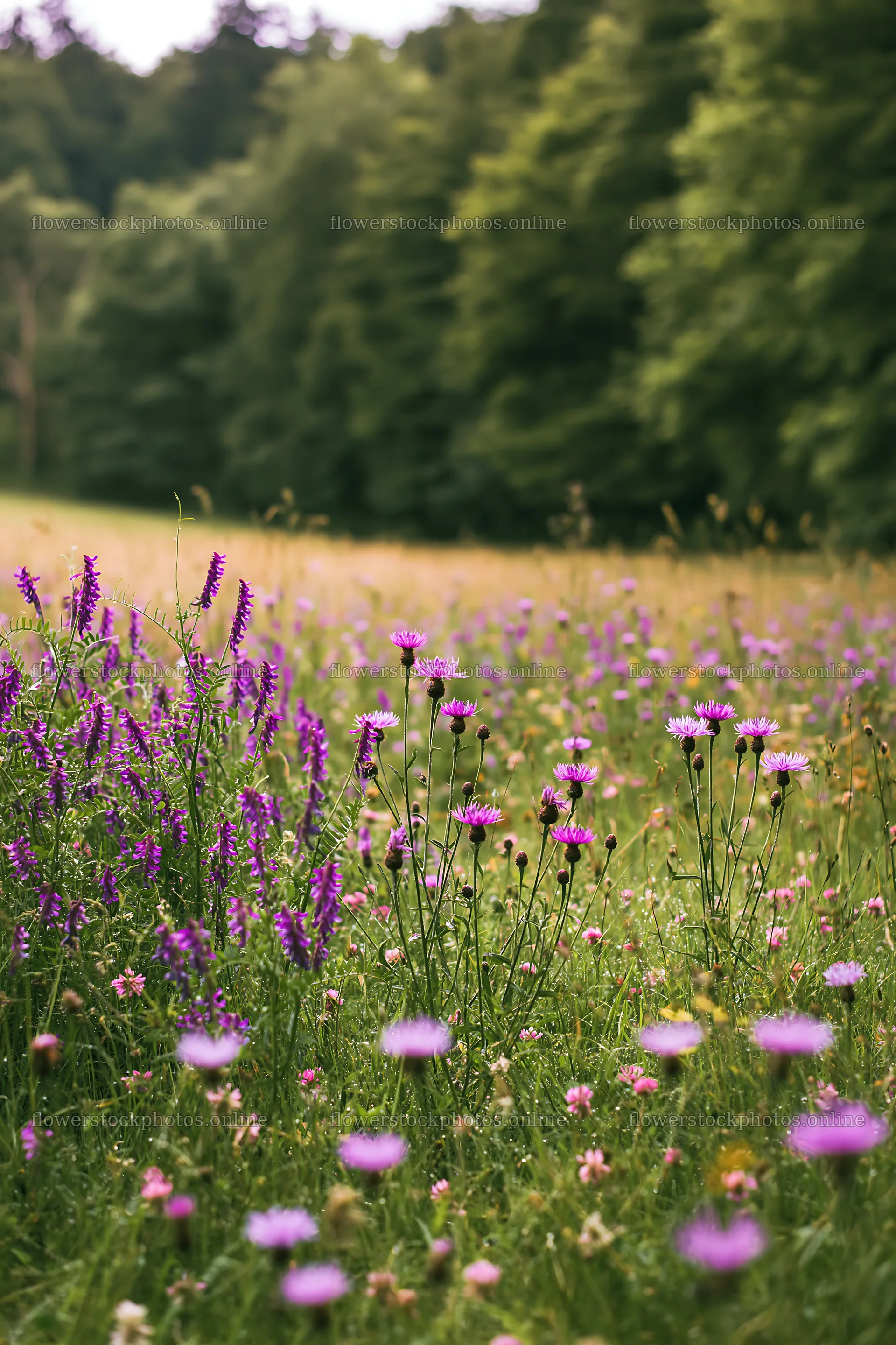 Flower meadow bordered by woodland near a peaceful landscape – flower stock photos 6480x9722