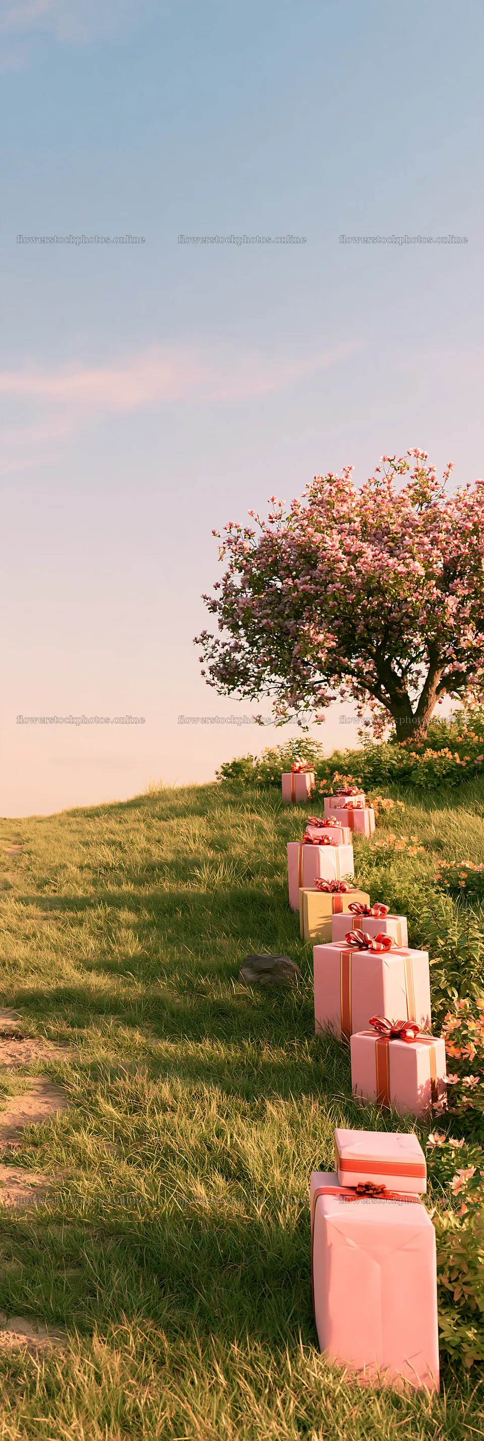 Wrapped packages along meadow path near flowering tree – flower stock photos 4602x13690