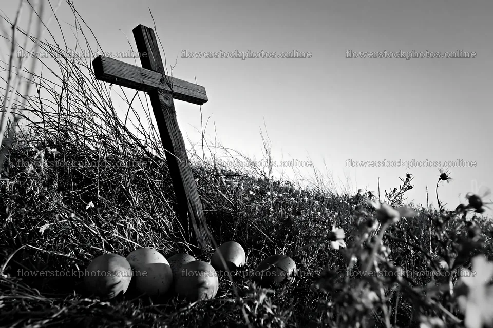 Christian cross in a yellow wildflower meadow – flower stock photos 9722x6480