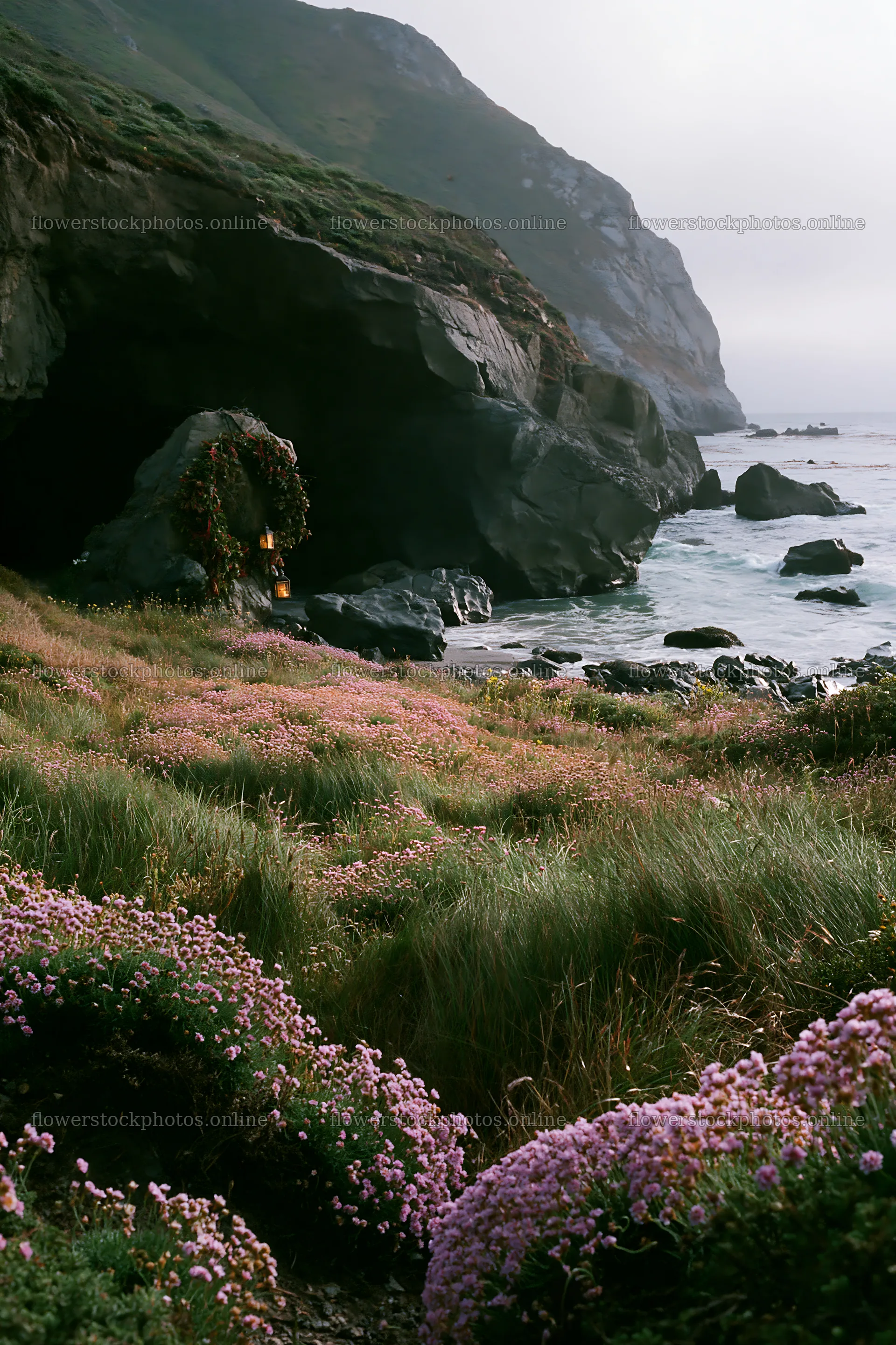 Christmas lights near a cave in a meadow by the ocean – flower stock photos 6480x9722