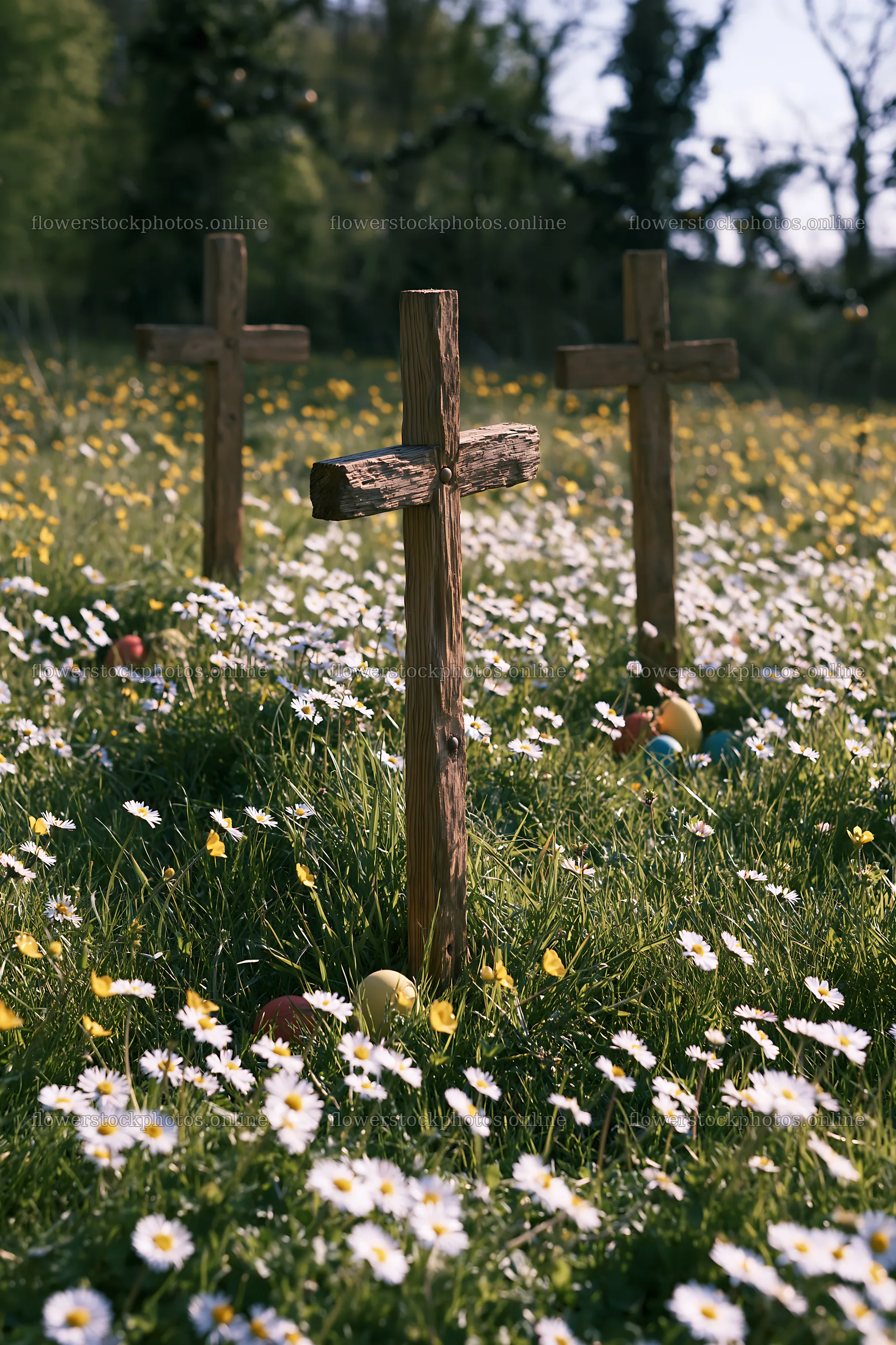 Three Christian crosses in a meadow with flowers – flower stock photos 6480x9722