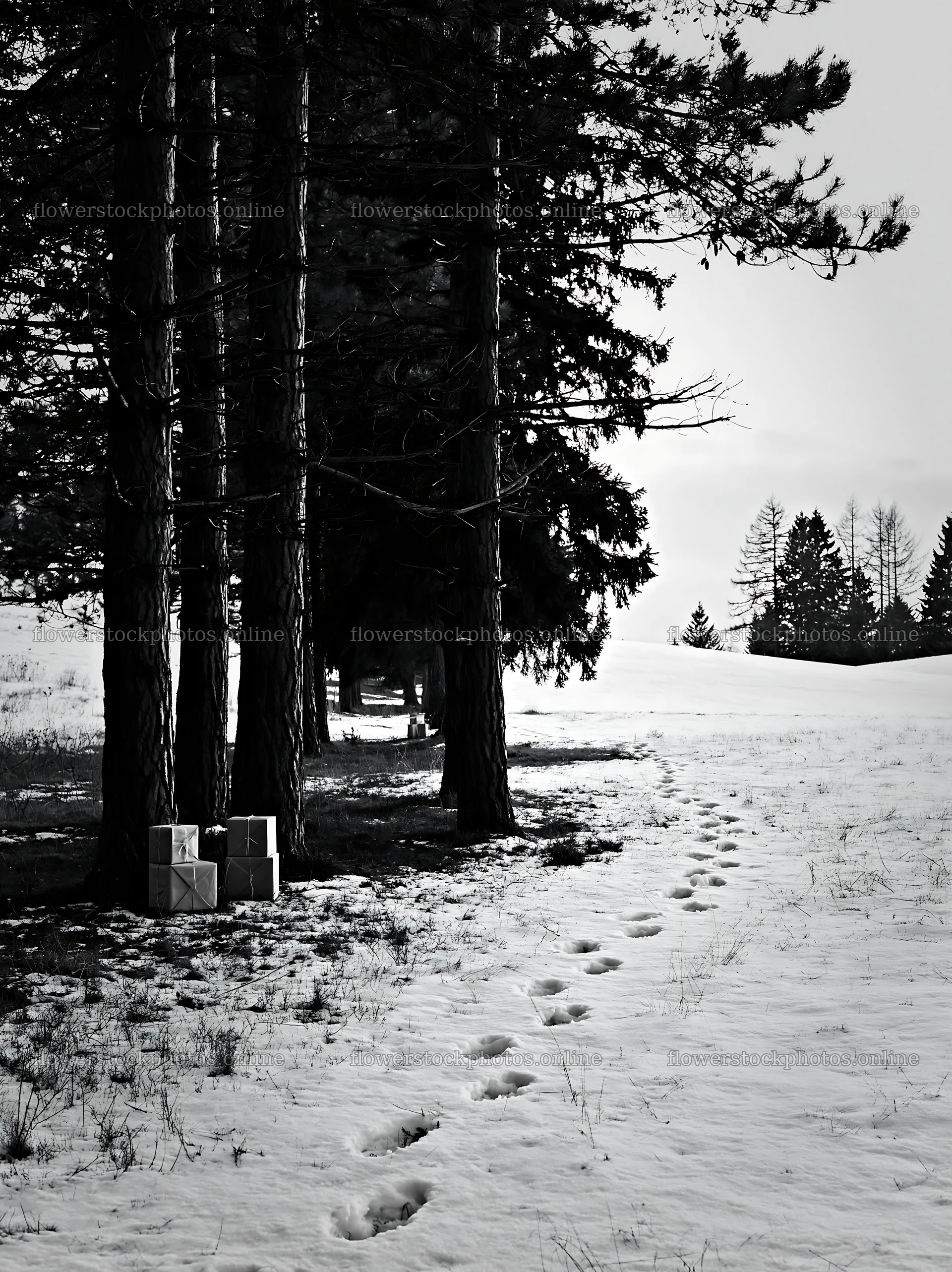 Packages on snowy path through trees in a meadow – flower stock photos 6866x9174
