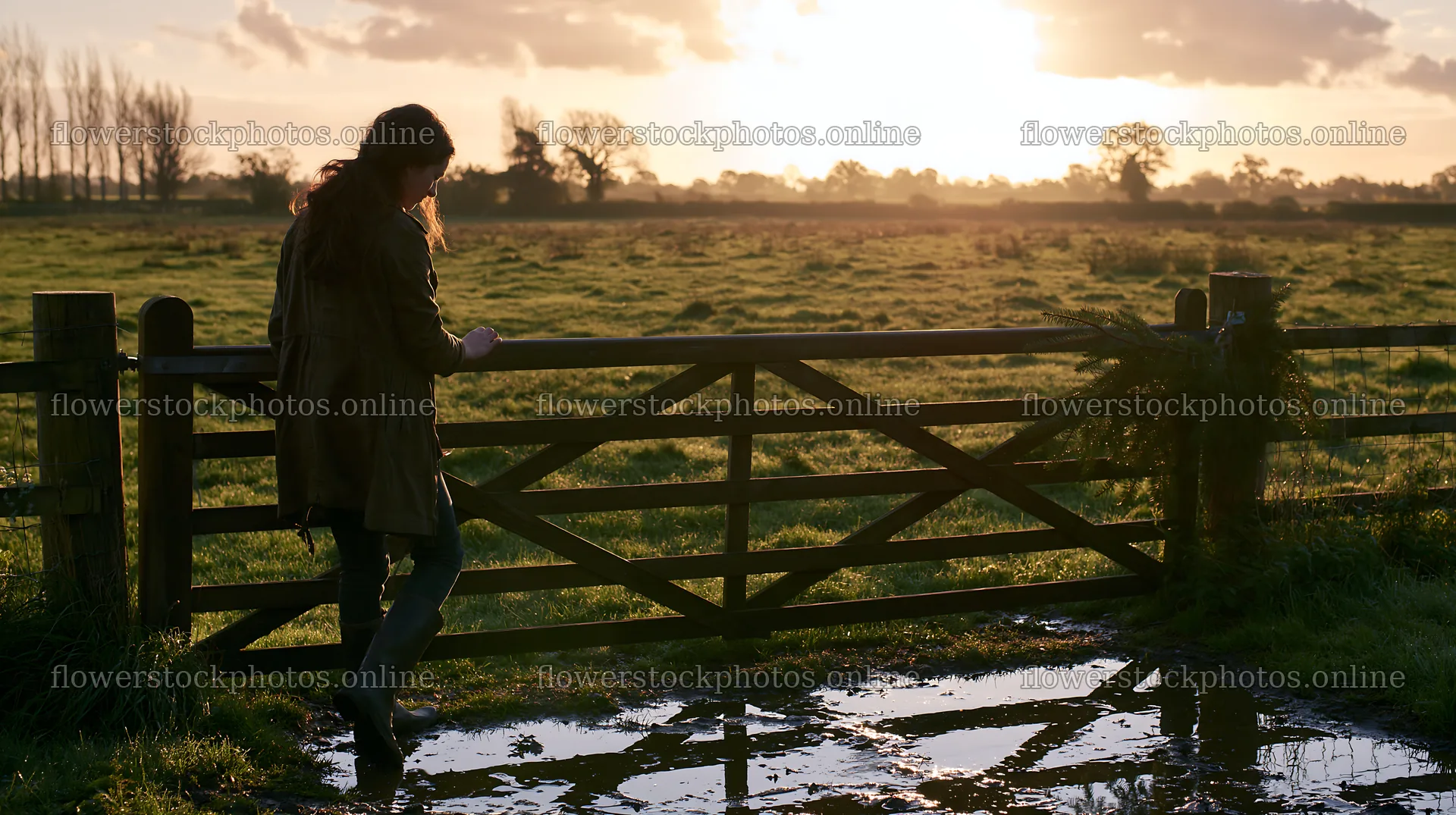 Meadow at sunrise with person standing by a gate – flower stock photos 10608x5938