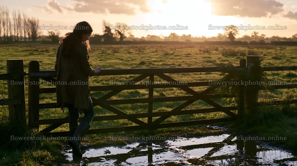 Meadow at sunrise with person standing by a gate – flower stock photos 10608x5938