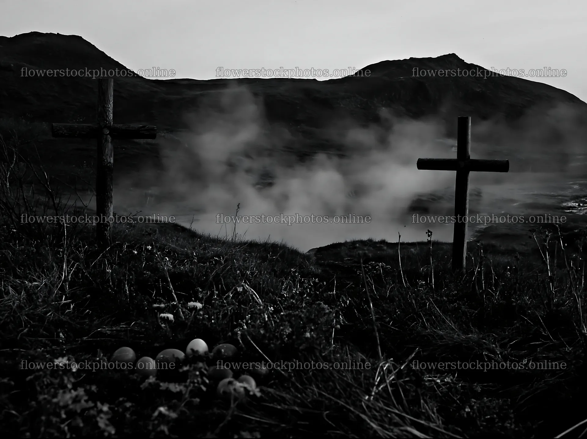 Christian crosses around geothermal spring meadow – flower stock photos 9174x6866