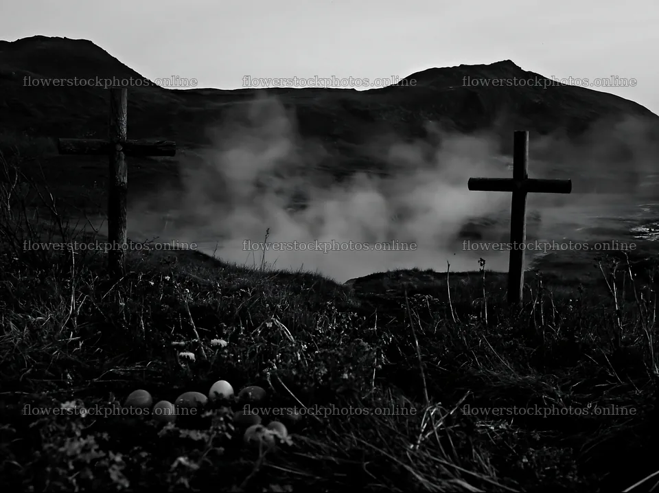 Christian crosses around geothermal spring meadow – flower stock photos 9174x6866