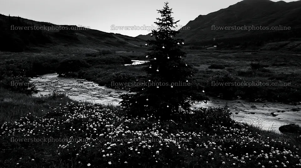 Christmas tree by stream in meadow at dusk – flower stock photos 10608x5938