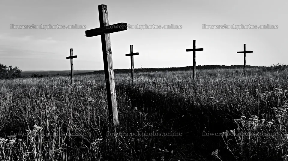 Wooden crosses in a field of grass and flowers during sunset – flower stock photos 10608x5938