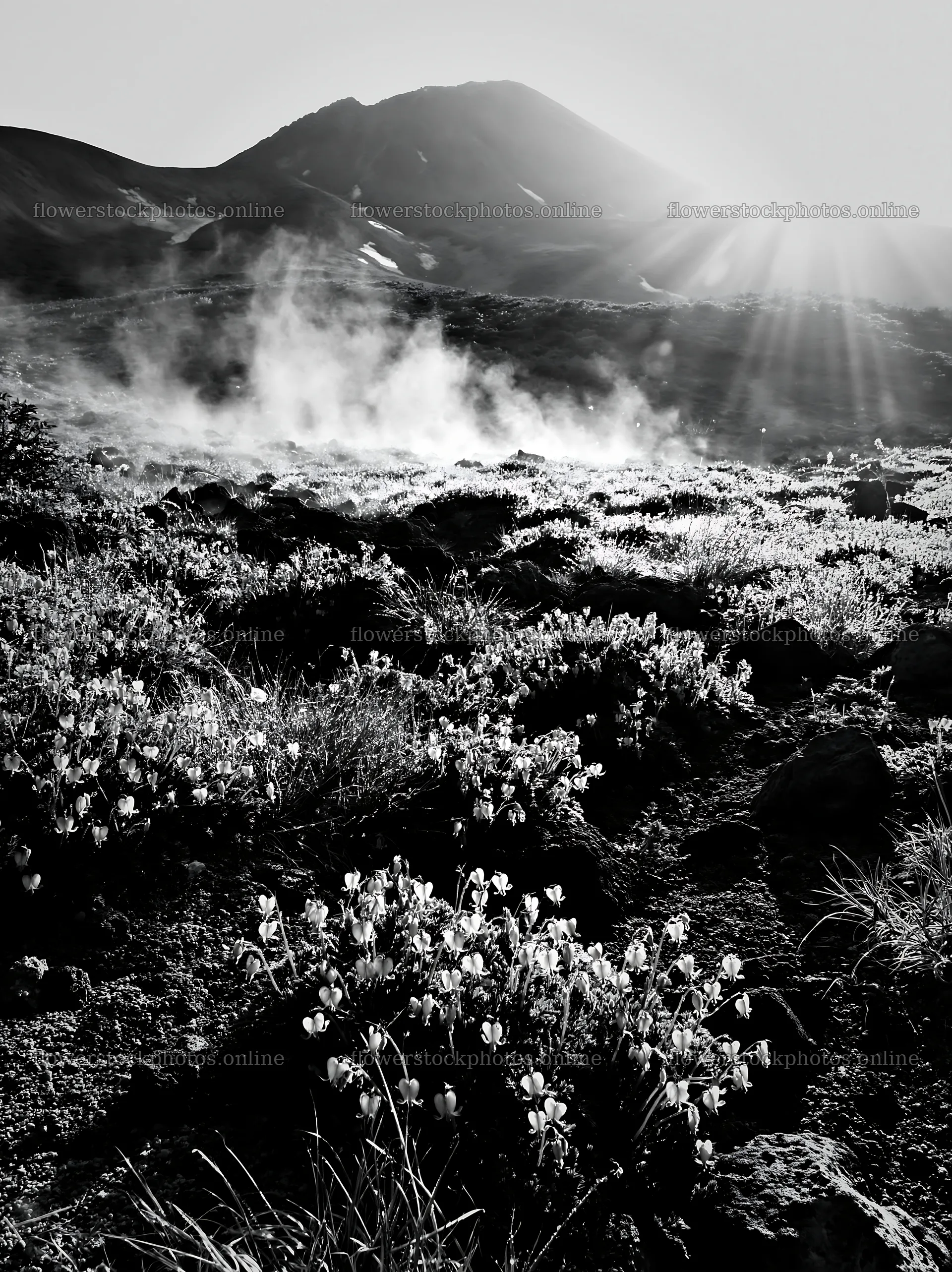 Daisetsuzan alpine meadow with light rays in the morning – flower stock photos 6866x9174