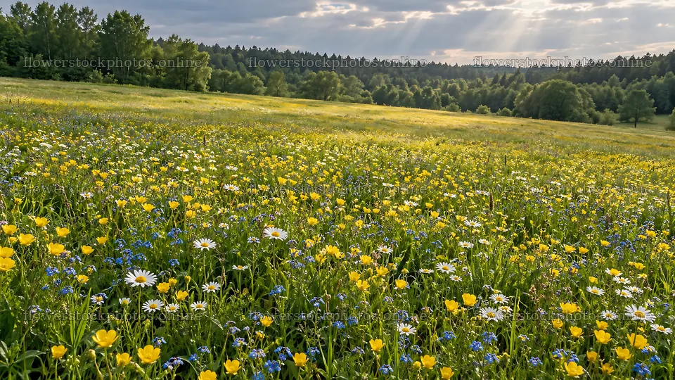Wildflower Meadow at the Forest Edge – flower stock photos 10324x5812