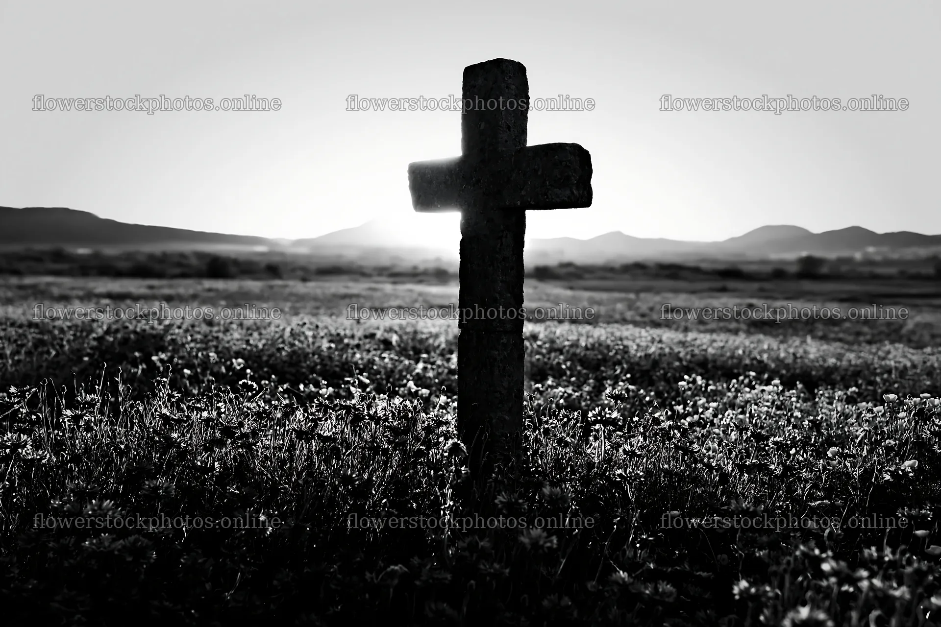 Christian cross in backlit summer meadow at sunset – flower stock photos 9722x6480