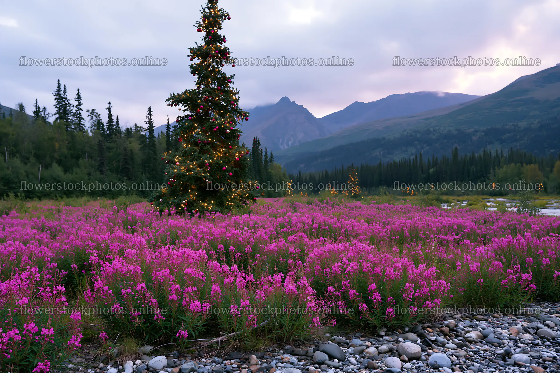 Wide Christmas meadow filled with native flowers and lights – flower stock photos 9722x6480