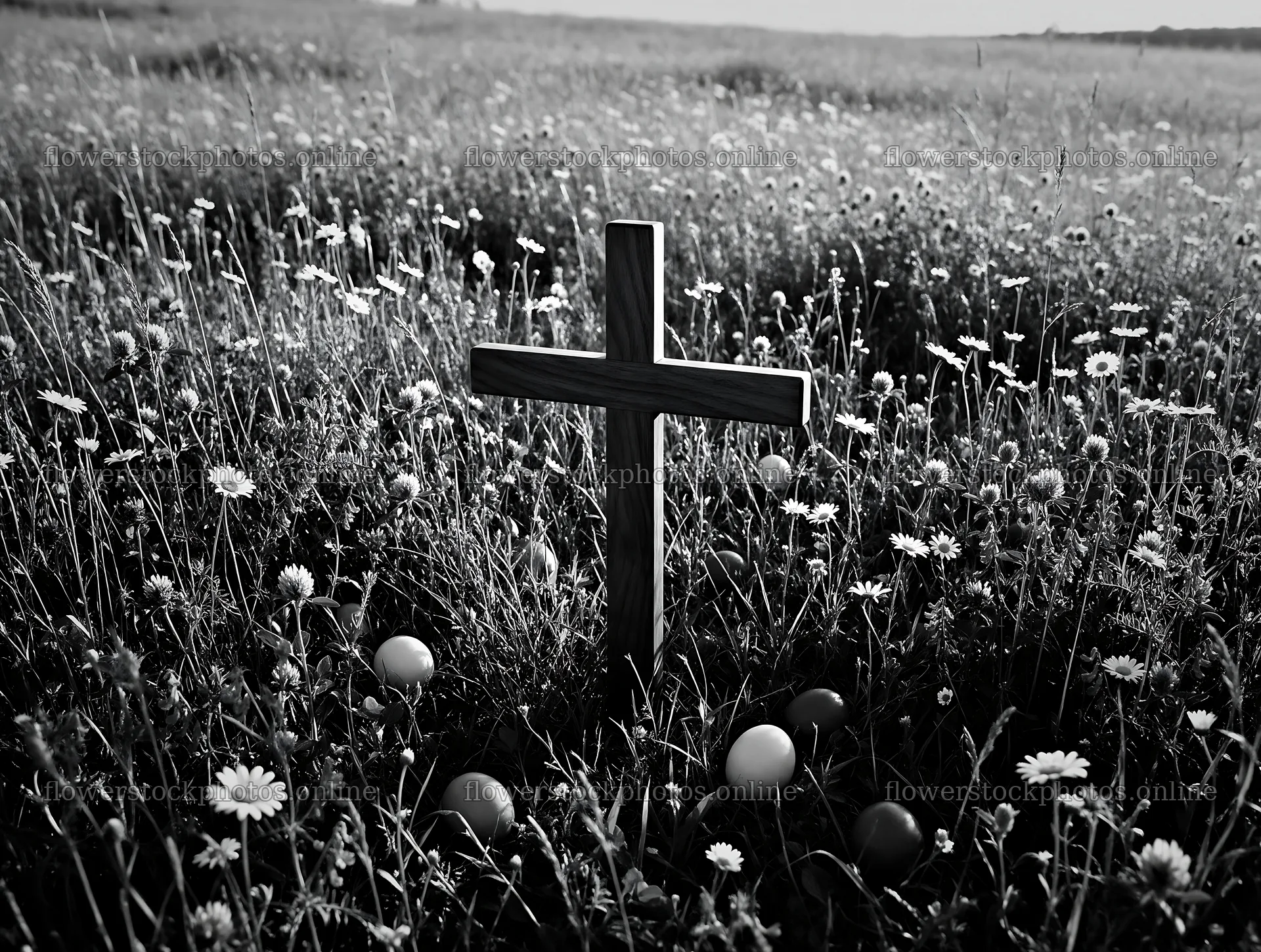 Dark Christian cross in summer meadow with flowers – flower stock photos 9134x6898
