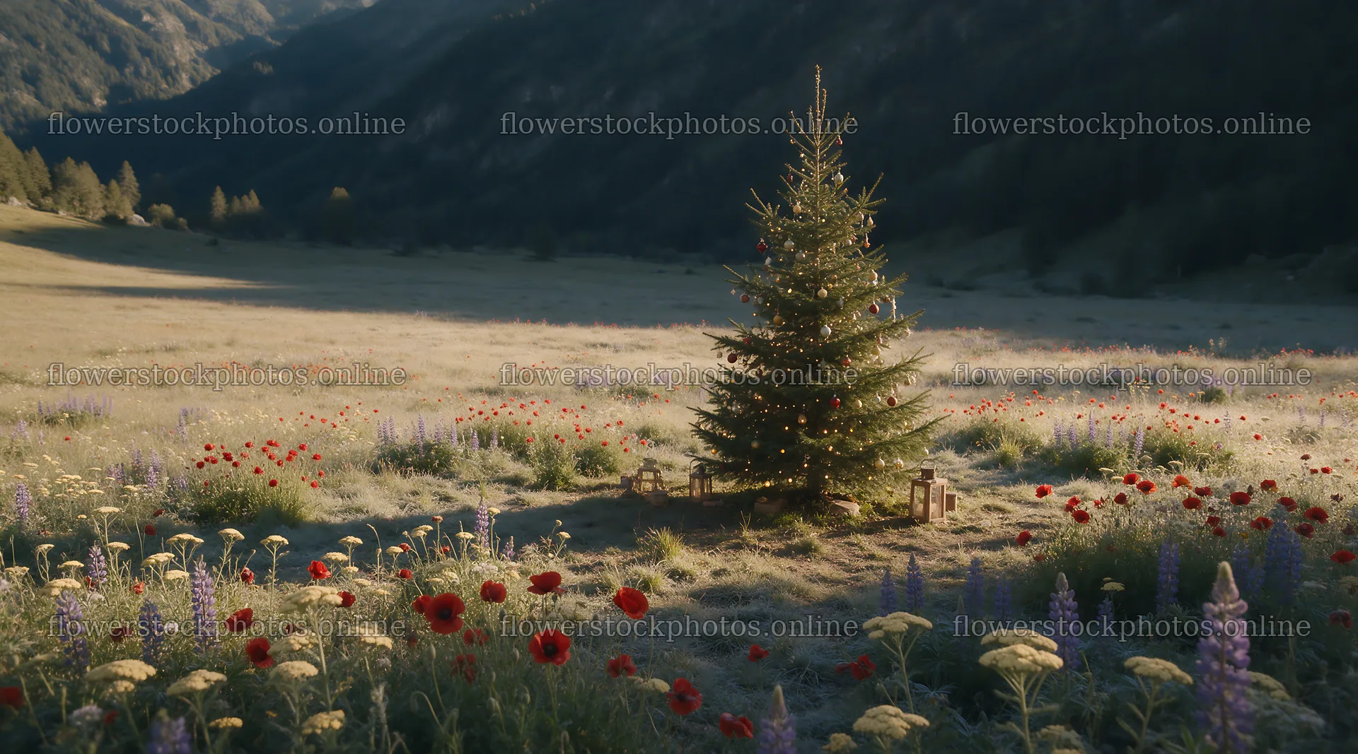 Christmas tree in mountain valley meadow surrounded by flowers – flower stock photos 10648x5916