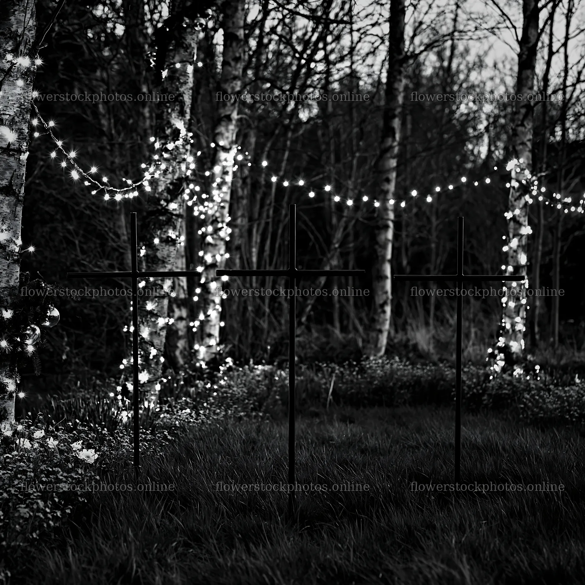 Three iron crosses in an Advent meadow at dusk – flower stock photos 7938x7938