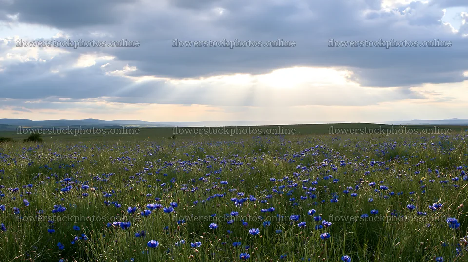 Cornflower meadow website header image under cloudy skies – flower stock photos 10608x5938