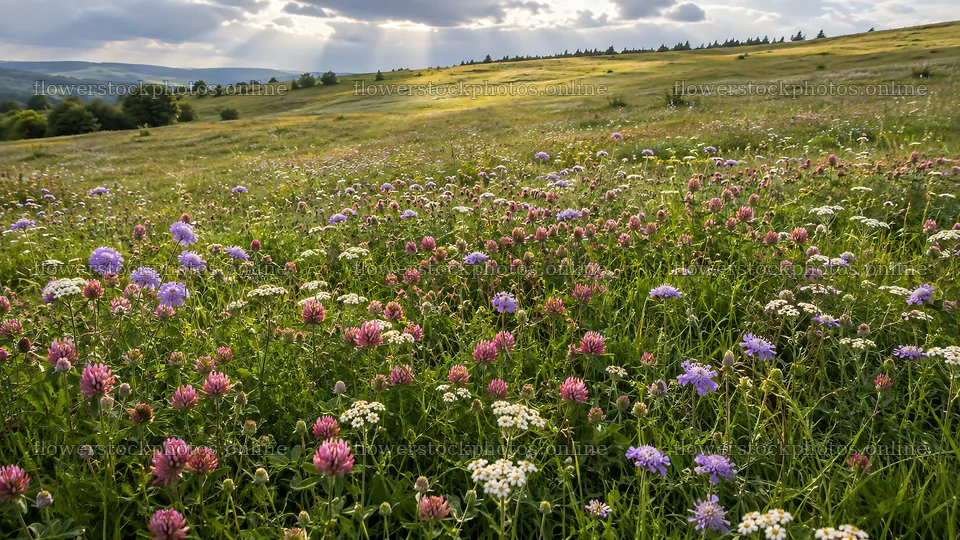 Colorful Wildflowers Across a Sunlit Hillside Meadow – flower stock photos 10324x5812