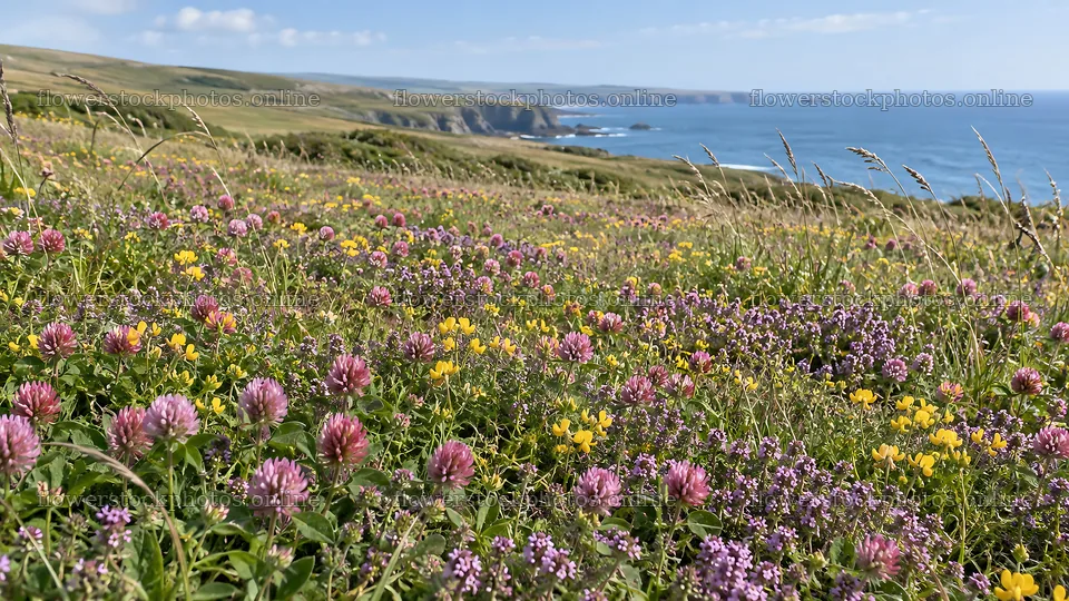 Sunlit Wildflower Meadow Along a Blue Coast – flower stock photos 10324x5812