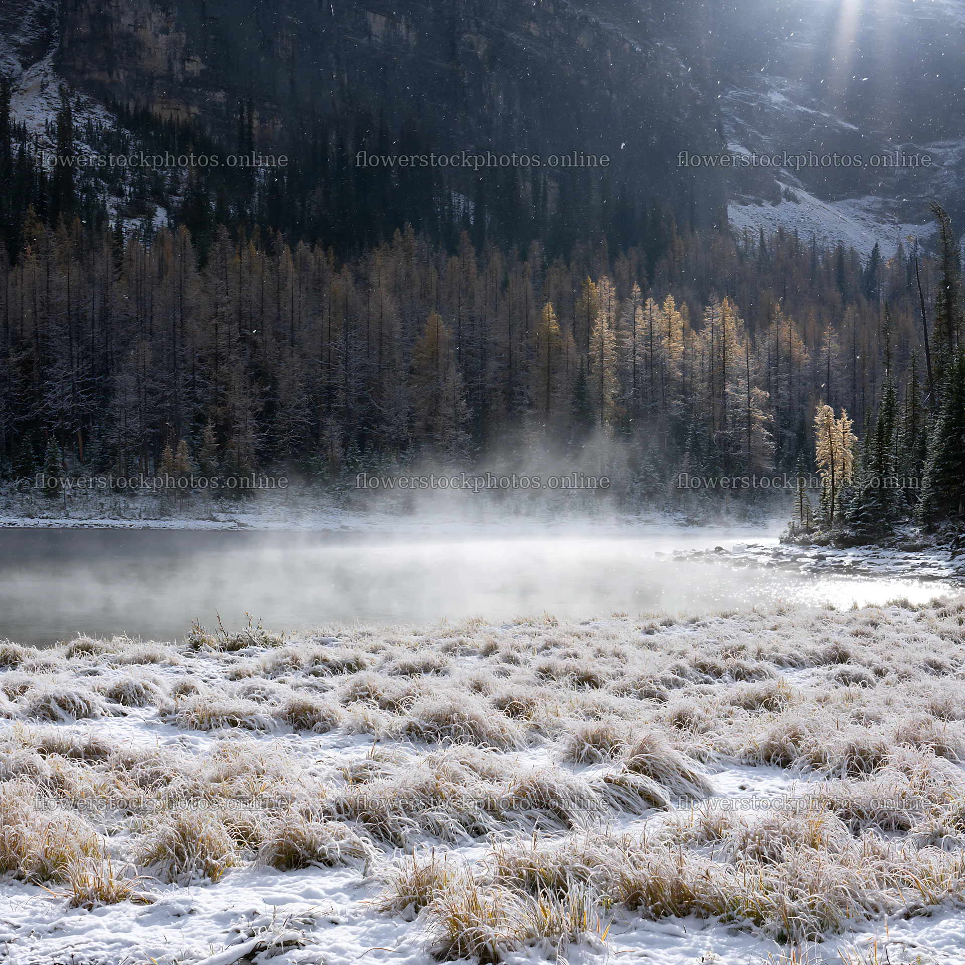Snowy lakeside meadow with mist rising from the water – flower stock photos 7938x7938