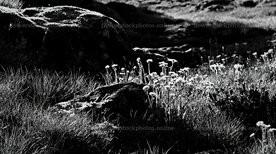 Mossy boulders surrounded by wildflowers in a meadow – flower stock photos 10608x5938