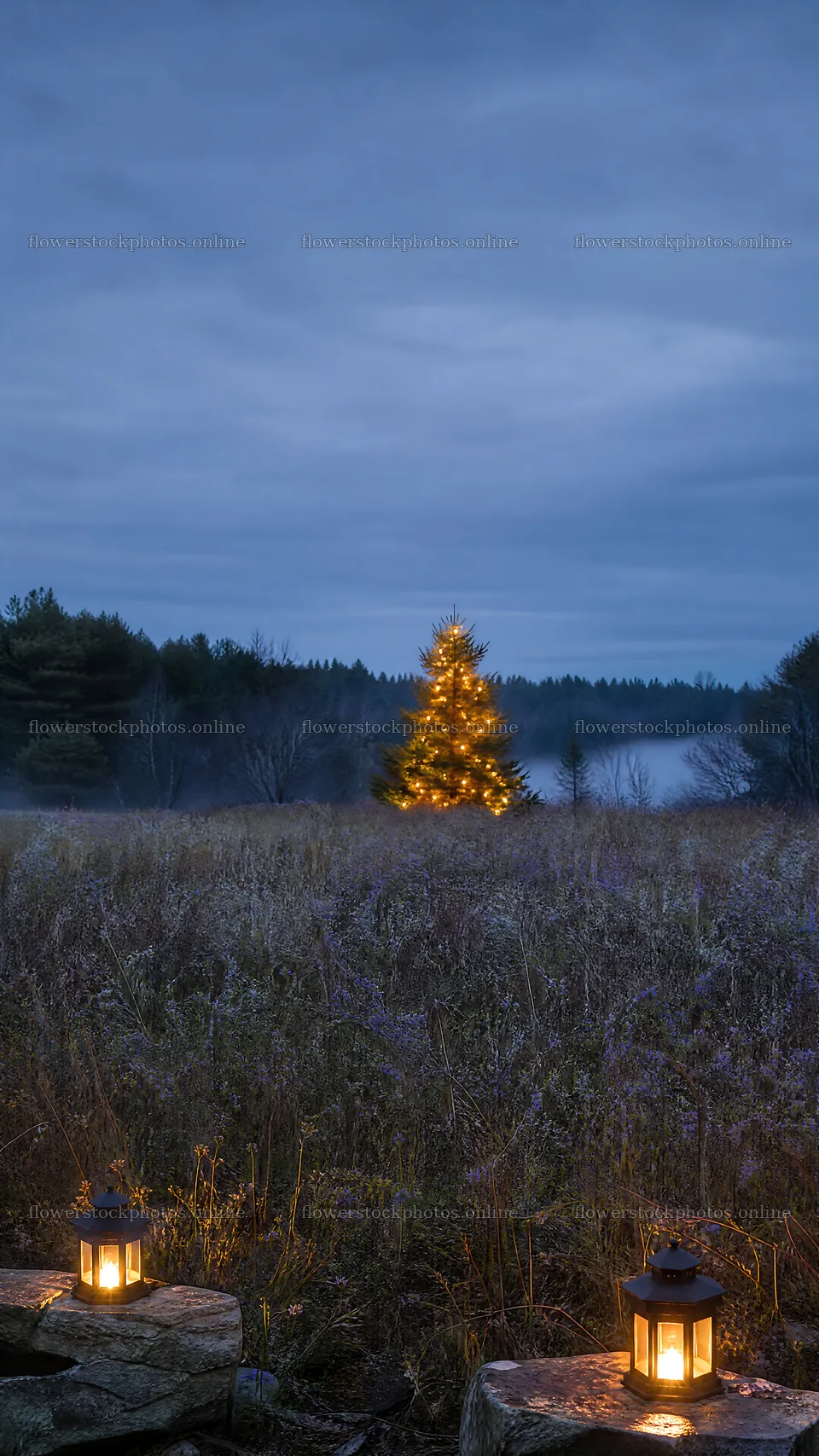 Vibrant Christmas tree at dusk in a meadow – flower stock photos 5952x10584