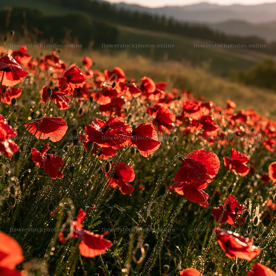 Vibrant red poppies in a rainwashed meadow under morning light – flower stock photos 7938x7938
