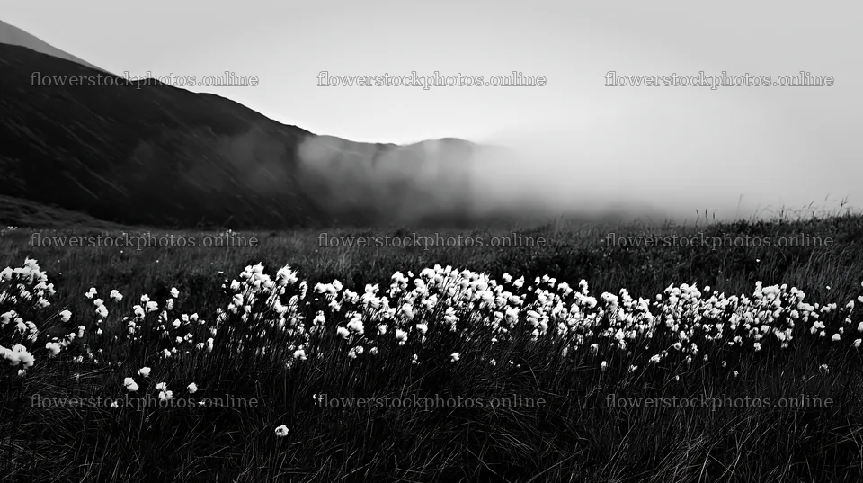 Meadow with seedheads and distant mountains covered in fog – flower stock photos 10608x5938