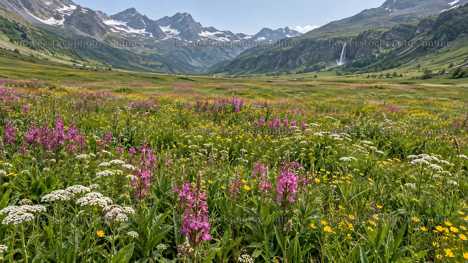 Wildflower Meadow in a Snowy Mountain Valley – flower stock photos 10324x5812