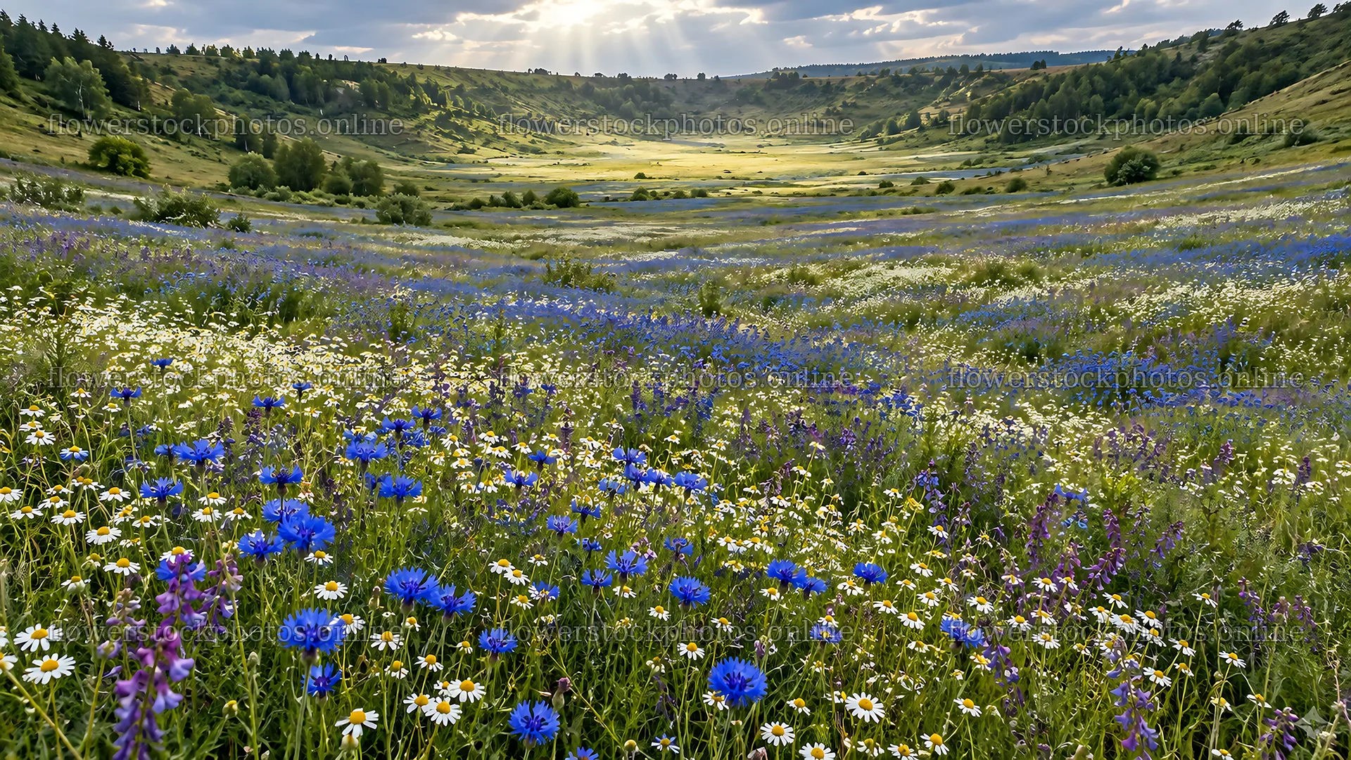 Colorful Wildflowers in a Rolling Valley Meadow – flower stock photos 10324x5812