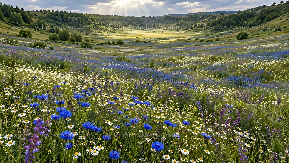 Colorful Wildflowers in a Rolling Valley Meadow – flower stock photos 10324x5812