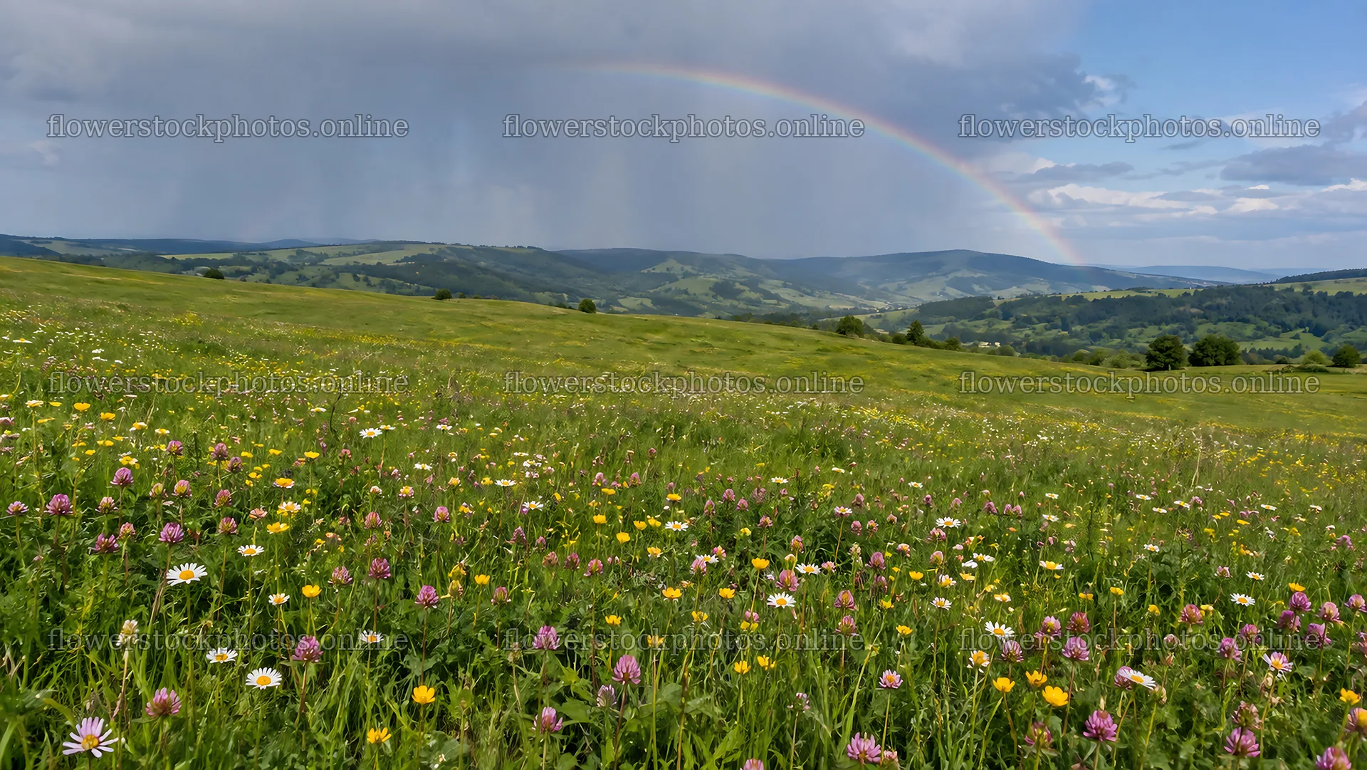 Colorful Wildflowers Beneath a Rainbow – flower stock photos 10324x5812