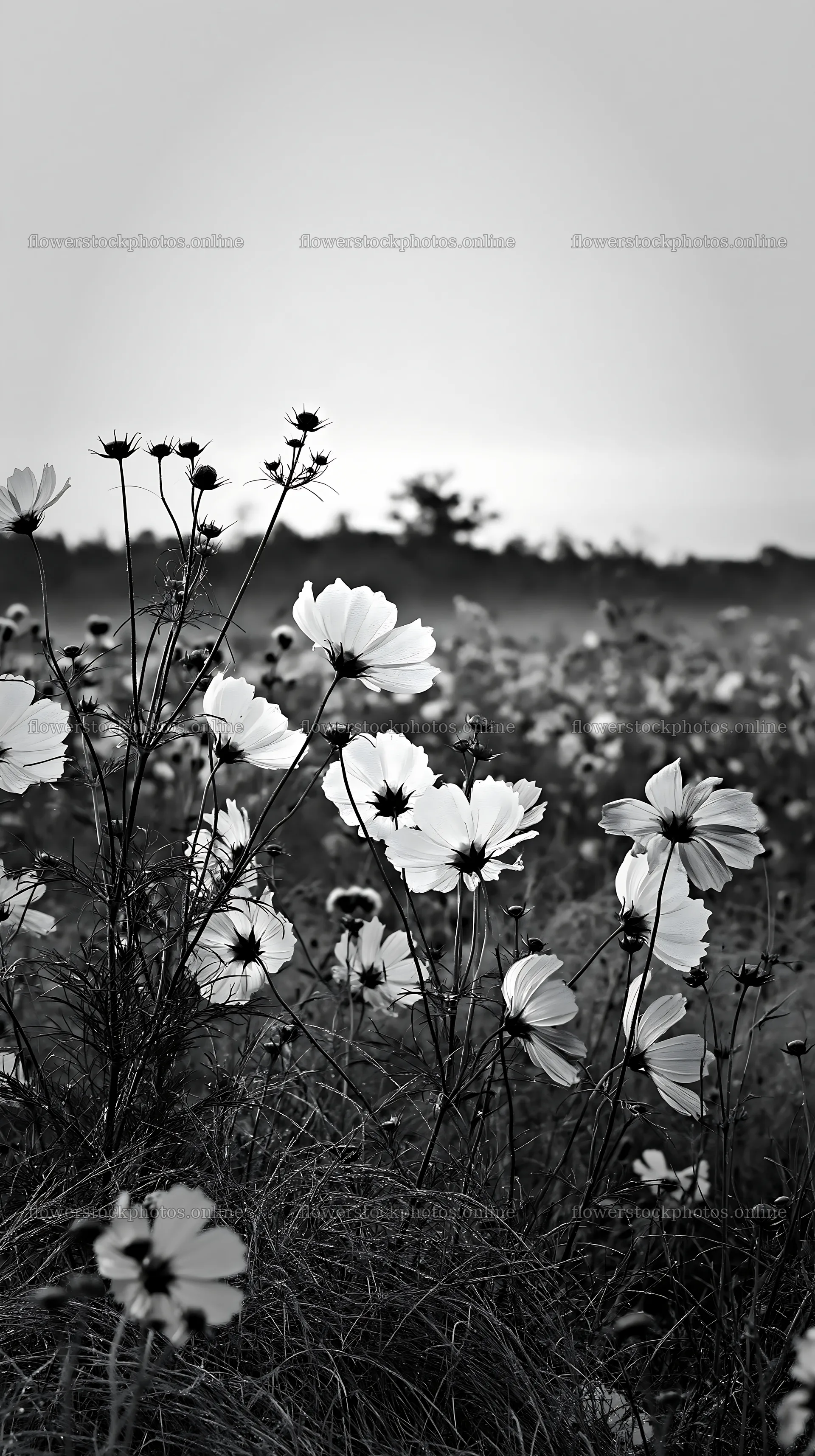 Colorful cosmos meadow with flowers in black and white – flower stock photos 5938x10608
