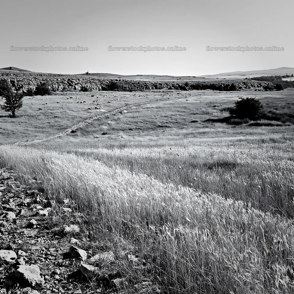 Meadow with seedheads and rocky terrain in black and white – flower stock photos 7938x7938