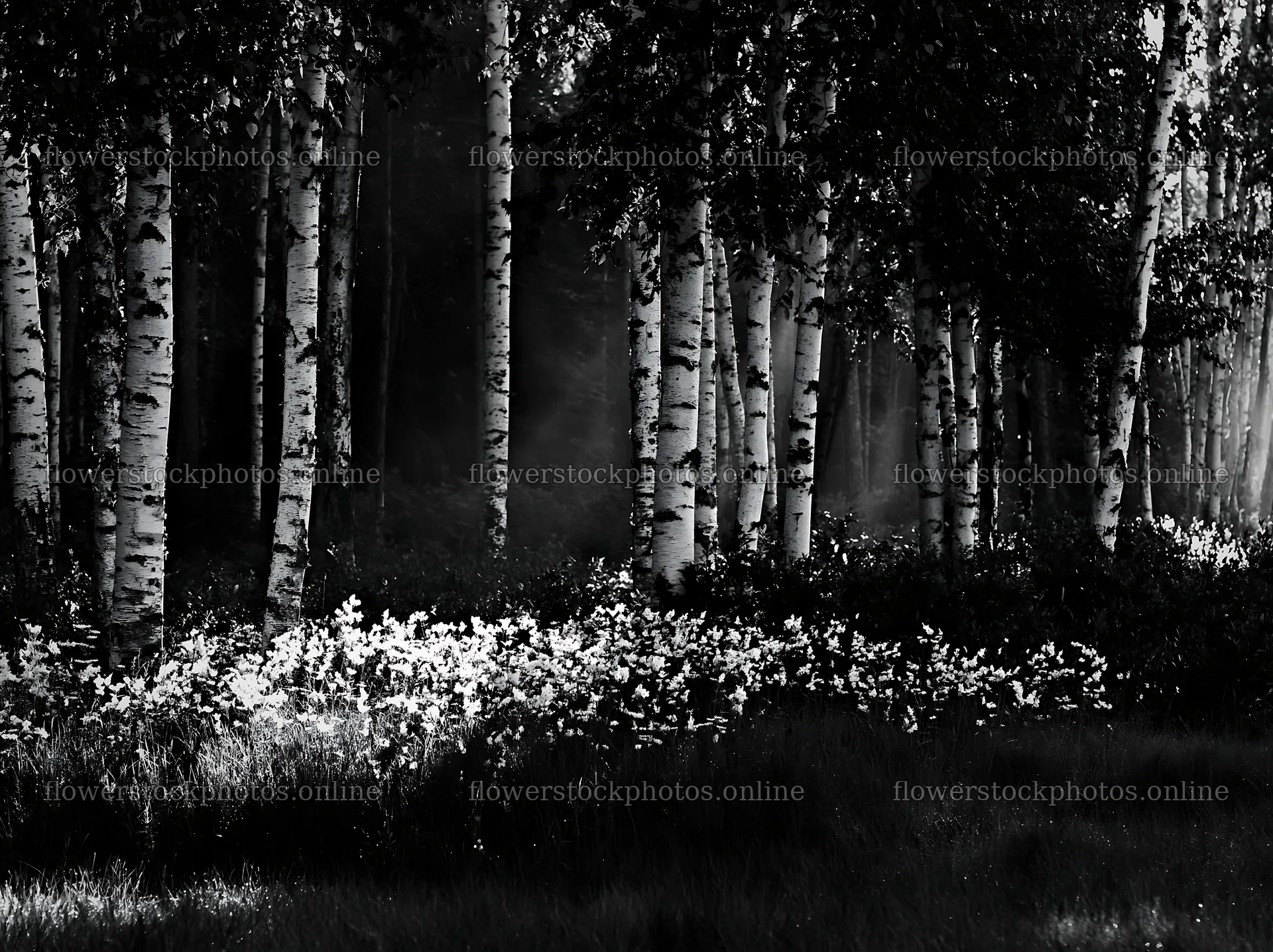 Birch forest meadow with flowers in black and white – flower stock photos 9174x6866