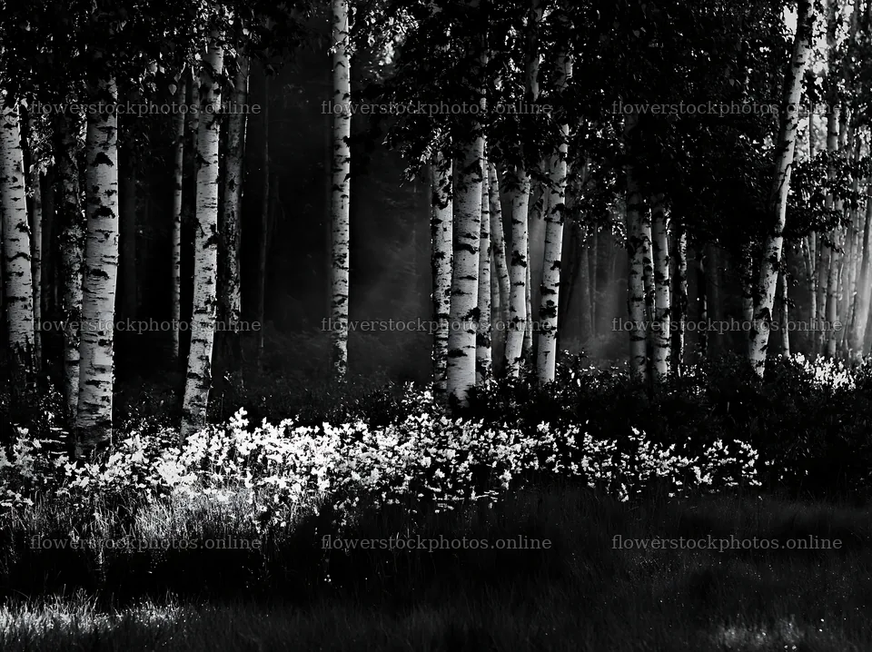 Birch forest meadow with flowers in black and white – flower stock photos 9174x6866