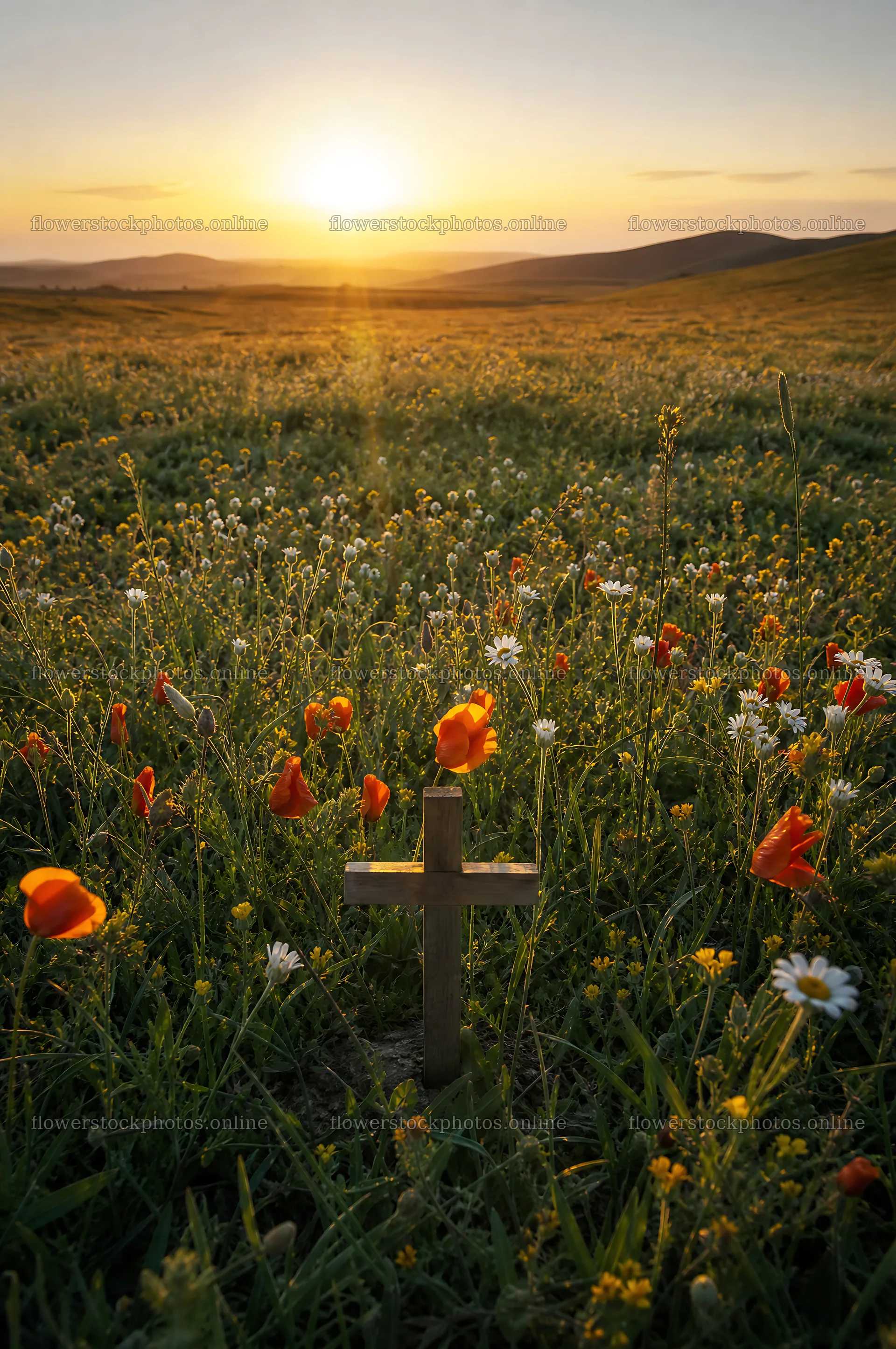 Wooden Christian cross in meadow at sunrise – flower stock photos 6468x9740