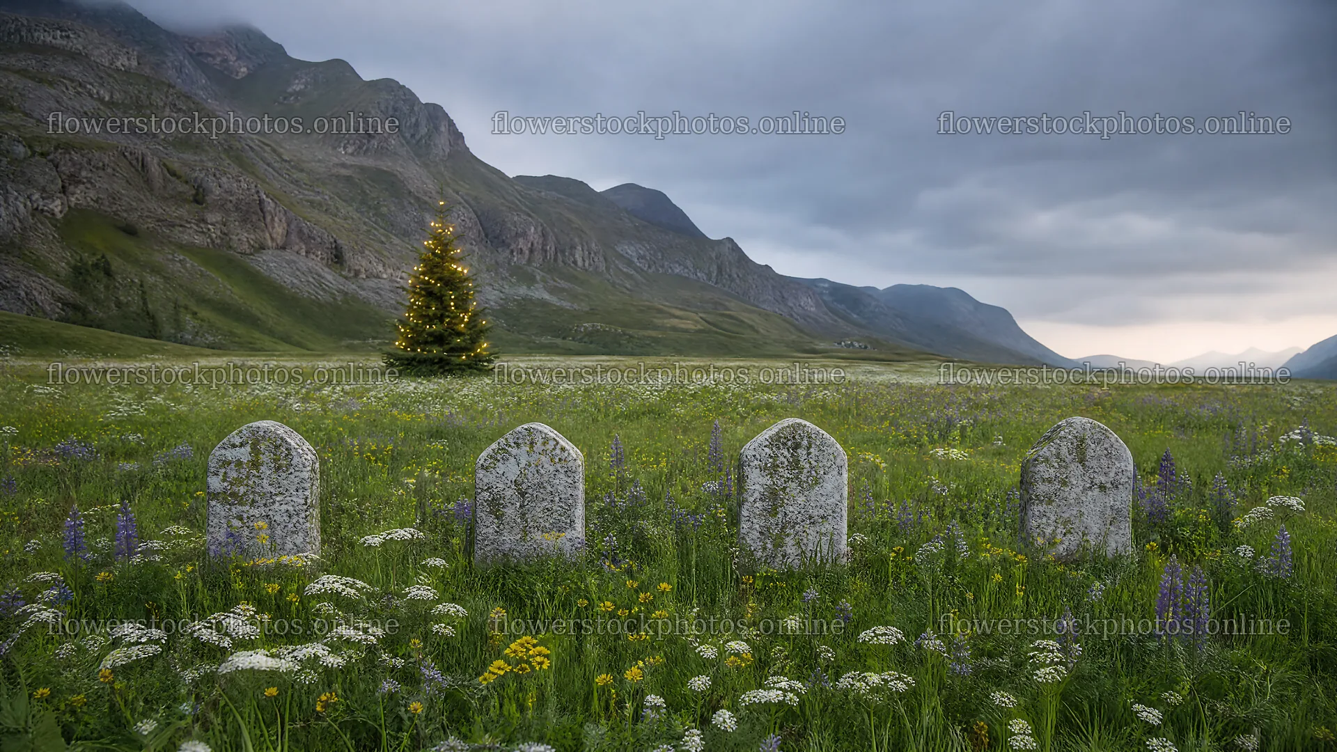 Decorated Christmas tree in mountain valley meadow – flower stock photos 10584x5952