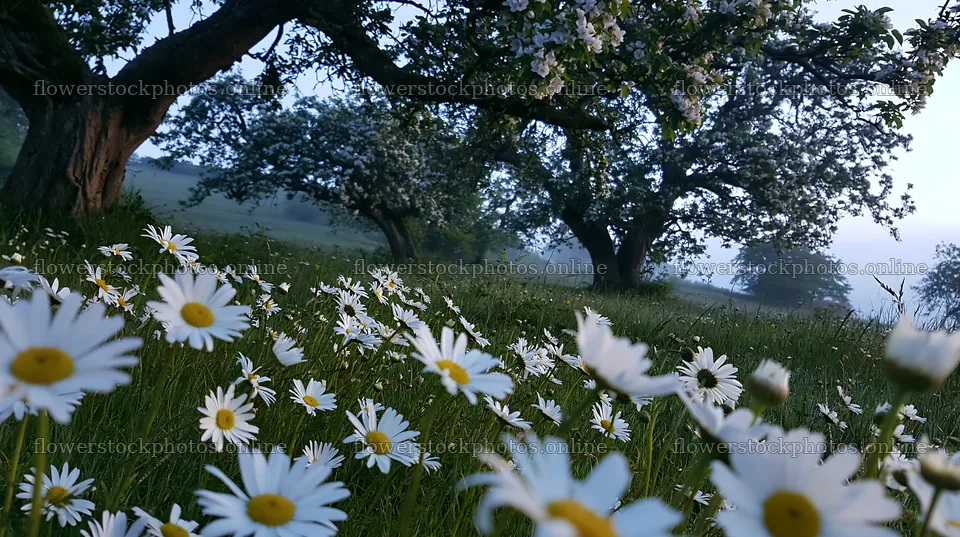 Daisies in an apple meadow at dawn – flower stock photos 10608x5938