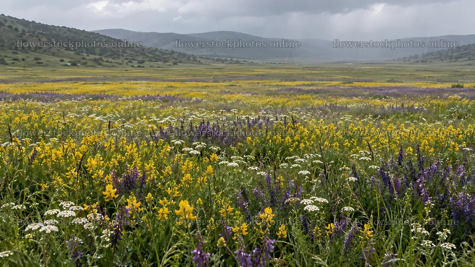 Colorful Wildflower Meadow Beneath Cloudy Hills – flower stock photos 10324x5812