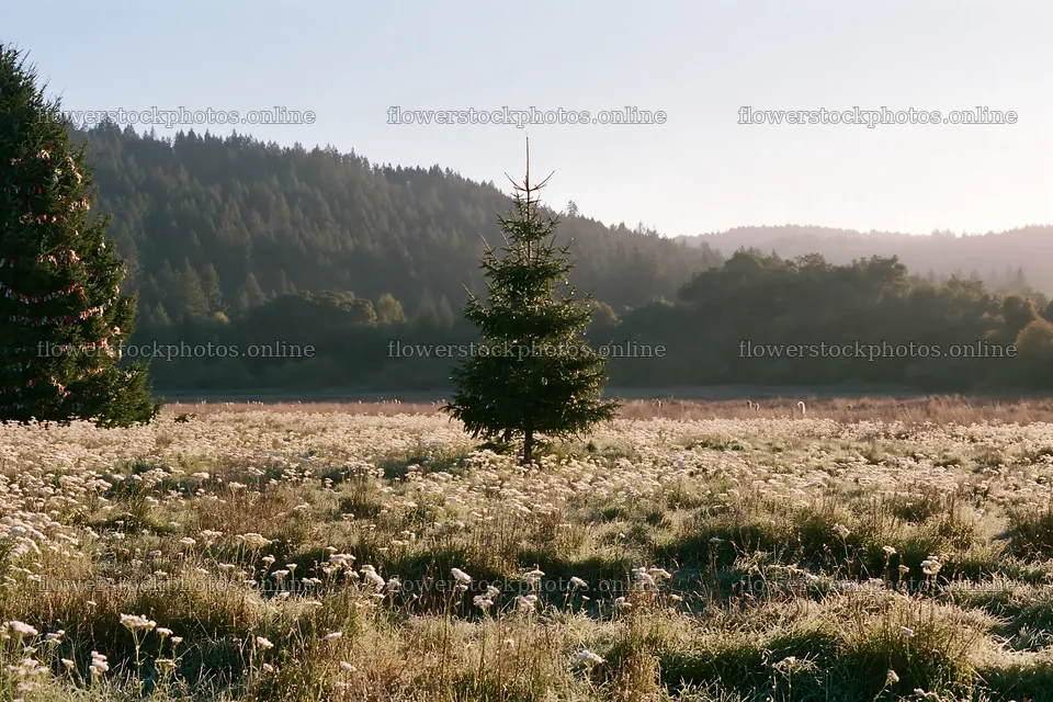 Christmas tree in meadow with sunlight – flower stock photos 9722x6480