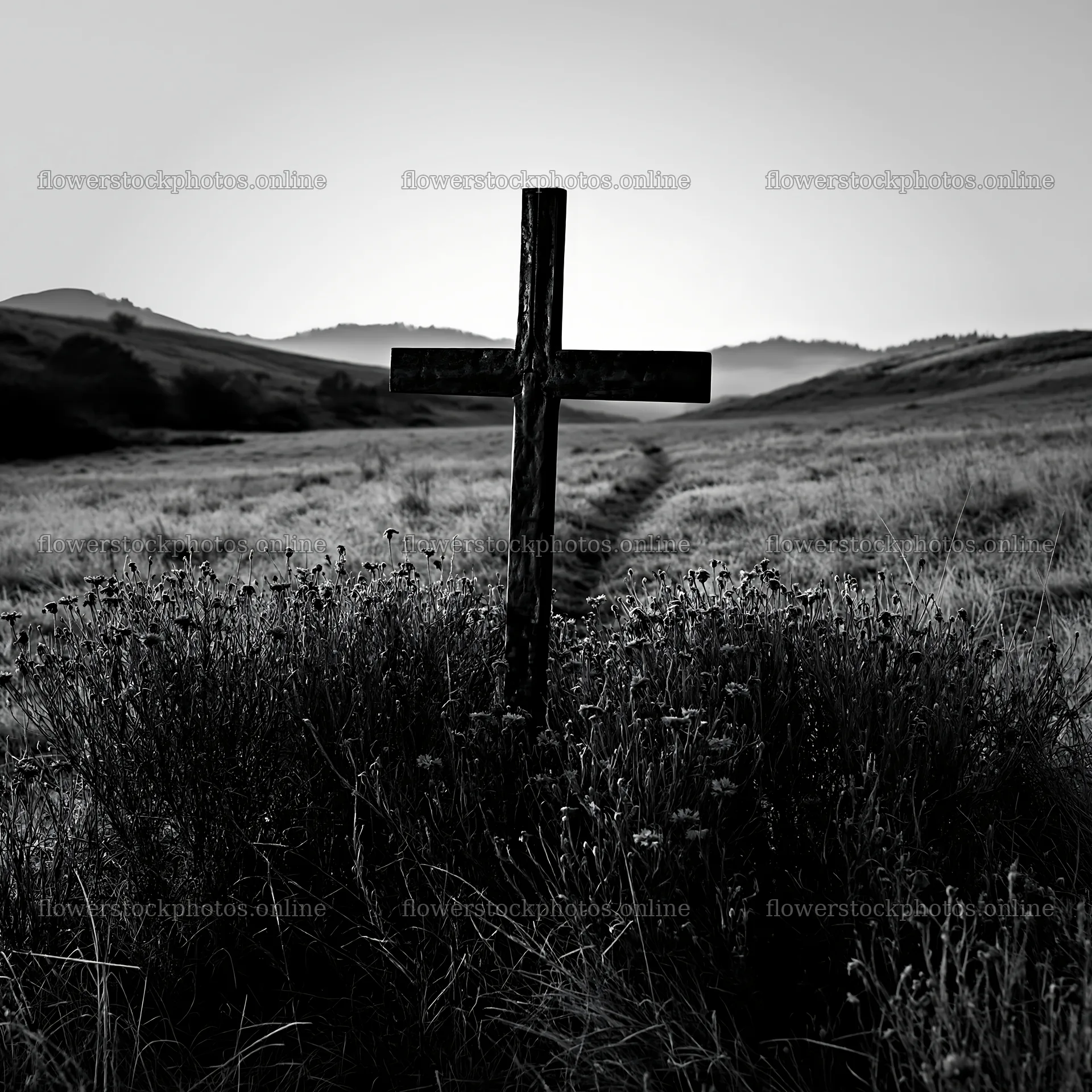 Bronze Christian cross in a Christmas meadow landscape – flower stock photos 7938x7938
