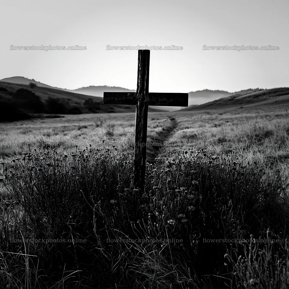 Bronze Christian cross in a Christmas meadow landscape – flower stock photos 7938x7938