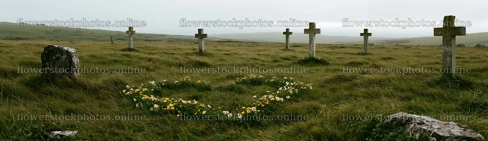 Christian crosses in rain soaked meadow with flowers – flower stock photos 14762x4268