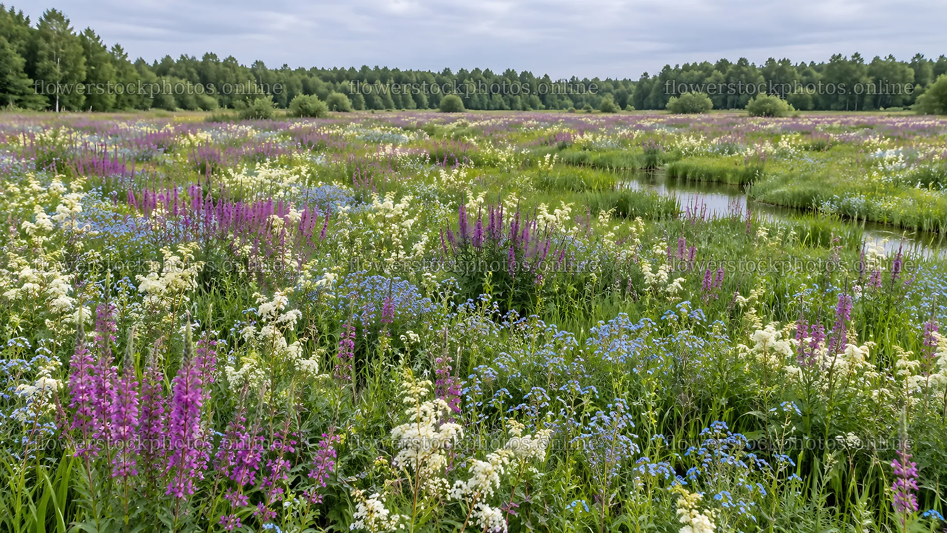 Wildflower Meadow and Wetland at Forest Edge – flower stock photos 10324x5812