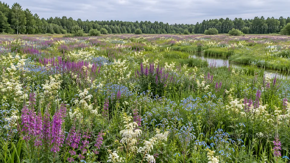 Wildflower Meadow and Wetland at Forest Edge – flower stock photos 10324x5812