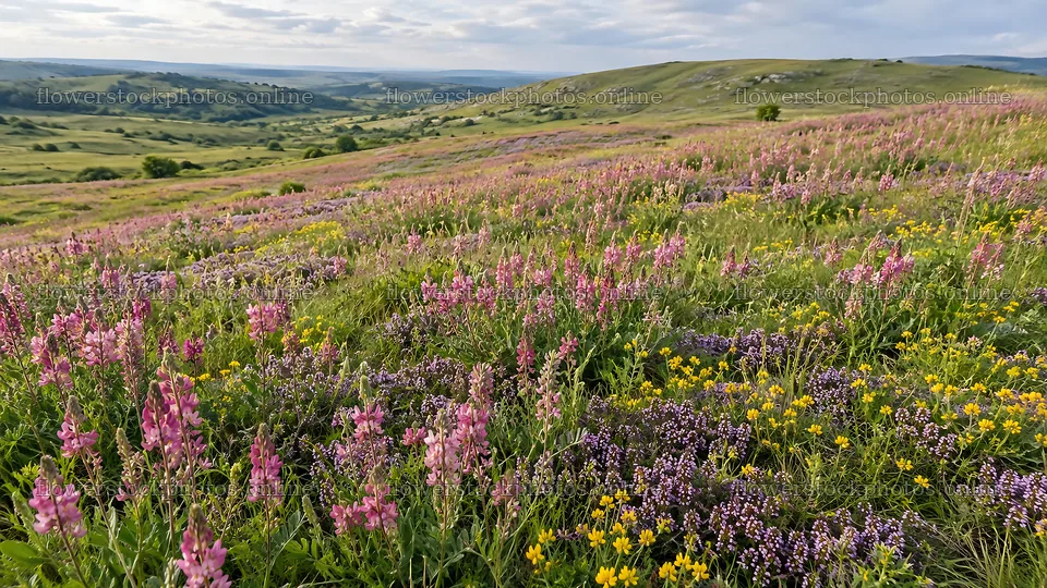 Colorful Wildflowers on a Rolling Hillside – flower stock photos 10324x5812