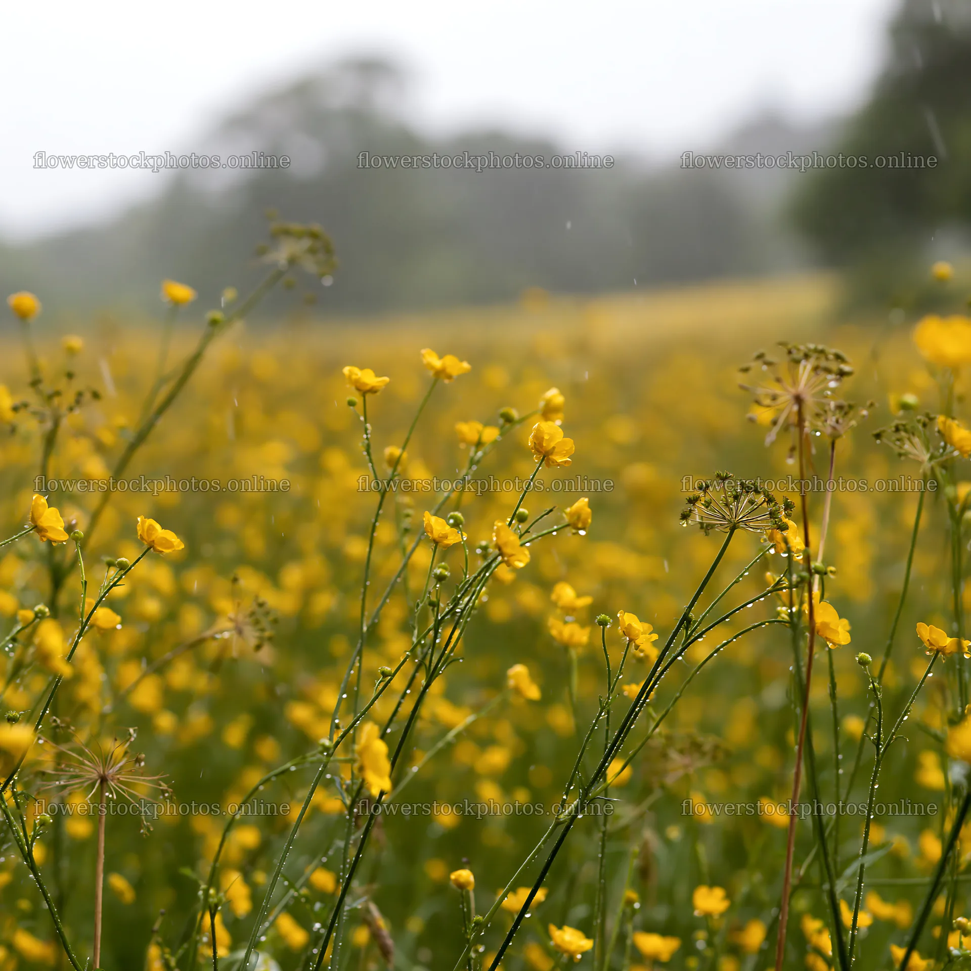 Buttercup meadow with rain in the background – flower stock photos 7938x7938