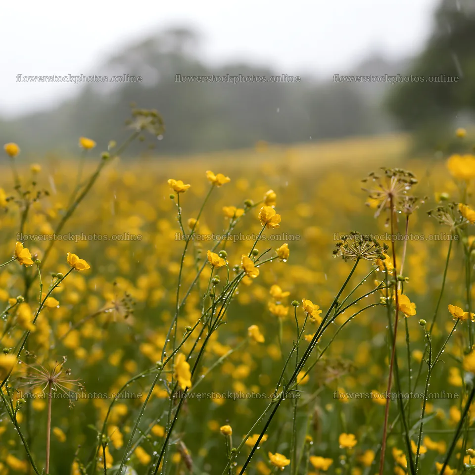 Buttercup meadow with rain in the background – flower stock photos 7938x7938